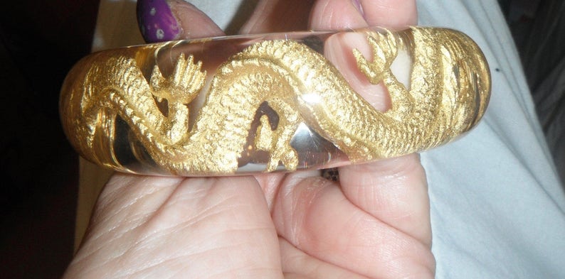 bangle bracelet lucite encased golden dragon 4 xxl size hands