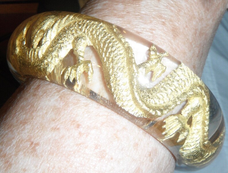 bangle bracelet lucite encased golden dragon 4 xxl size hands
