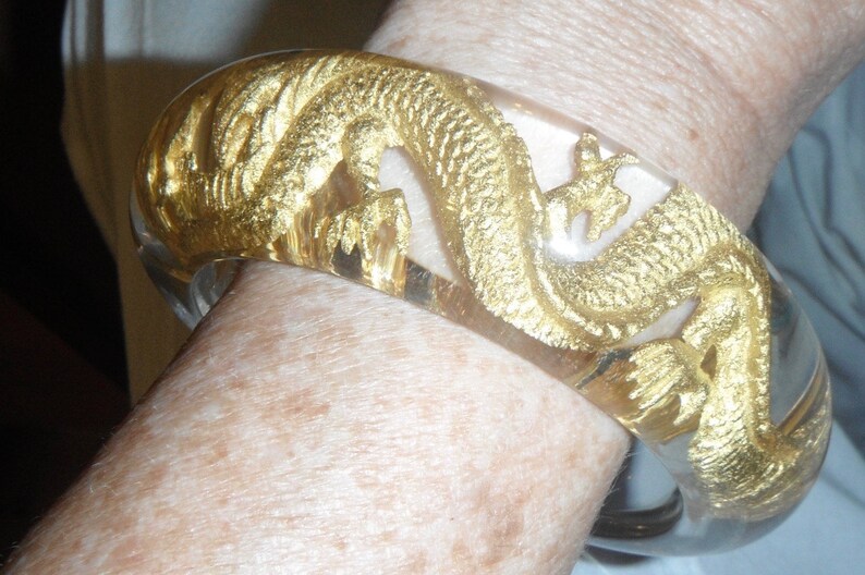 bangle bracelet lucite encased golden dragon 4 xxl size hands