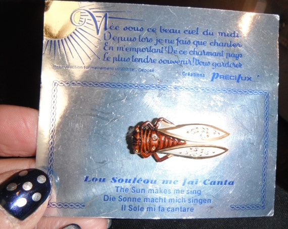 vintage lucite cicada bug pin cigale vanilla rhinestones
