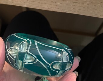 massive carved floral prystal  green lucite bangle bracelet