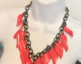 bib necklace marion godart paris dangling drops stylized red leaves