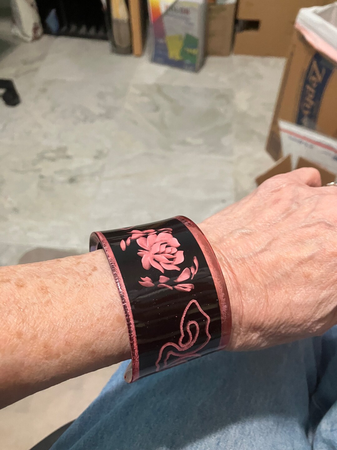 Vintage Reverse, Carved Lucite Pink Rose, Flower, Bangle, Bracelet Cuff