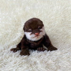May include: A handcrafted plush otter toy with brown fur, a white face, and a pink nose. The otter is posed on a fluffy white surface, showcasing its small paws and detailed features. The toy is designed to resemble a baby otter.