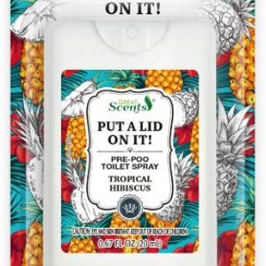 May include: A white pre-poo toilet spray bottle with the text "PUT A LID ON IT!" and "TROPICAL HIBISCUS". The bottle is set against a tropical background with pineapples and hibiscus flowers. The bottle contains 0.67 fl oz (20 ml).