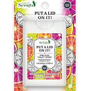 May include: A white pre-poo toilet spray bottle with a citrus-themed design. The packaging features the text "PUT A LID ON IT!" and "TWISTED CITRUS". The product contains natural essential oils and is 0.67 fl oz (20 mL).