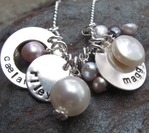 Mixed pearl sterling silver hand stamped charm necklace Etsy
