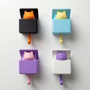 Könnte beinhalten: Vier katzenförmige Wandhaken in verschiedenen Farben. Jeder Haken hat einen Katzenkopf, der aus einer Box mit einem Haken darunter herausragt. Die Farben sind Schwarz, Blau, Lila und Weiß, jeweils mit einer anderen Katzenfarbe.