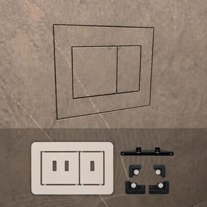 Op de afbeelding: Een rechthoekige inbouwmuurplaat met twee rechthoekige drukknoppen, geïnstalleerd op een oppervlak met steentextuur. Daaronder een aparte lichtgekleurde rechthoekige plaat met twee uitsparingen en vier zwarte montagebeugels.