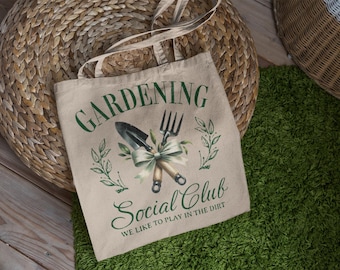 Bolsa de mano del Club Social de Jardinería / Ilustración de herramientas de jardinería, lienzo botánico