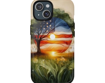 Funda para teléfono con bandera estadounidense y puesta de sol / Funda magnética resistente con paisaje patriótico de árboles