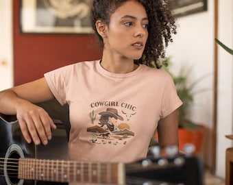 Camiseta estilo vaquera chic / Camiseta con estampado de cactus y puesta de sol en el desierto occidental