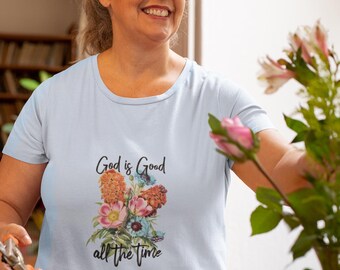 Camiseta con ramo floral "Dios es bueno" y flores de acuarela