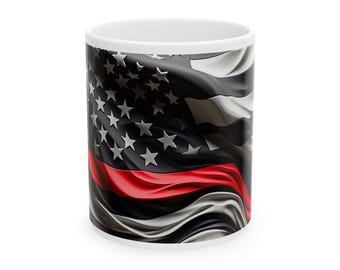 Thin Red Line American Flag Mug | Firefighter Tribute Ceramic Mug