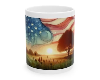 American Flag Sunset Landscape Mug | Patriotic Sunrise Coffee Mug
