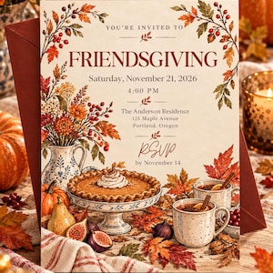 May include: A Friendsgiving invitation card featuring autumn illustrations of a pumpkin pie on a stand, mugs, a pitcher of flowers, figs, and fall leaves. The text reads: You're invited to Friendsgiving, Saturday, November 21, 2026, 4:00 PM, The Anderson Residence, 125 Maple Avenue, Portland, Oregon, RSVP by November 14.