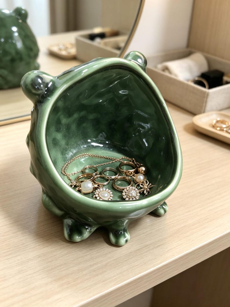 K&ouml;nnte beinhalten: Eine gl&auml;nzende, salbeigr&uuml;ne Keramikschale in Form eines kleinen Wesens mit abgerundeten Ohren und kurzen F&uuml;&szlig;en. Das strukturierte Innere enth&auml;lt eine Sammlung goldfarbener Ringe, eine zarte Kette und kleinen Schmuck mit wei&szlig;en Akzenten.