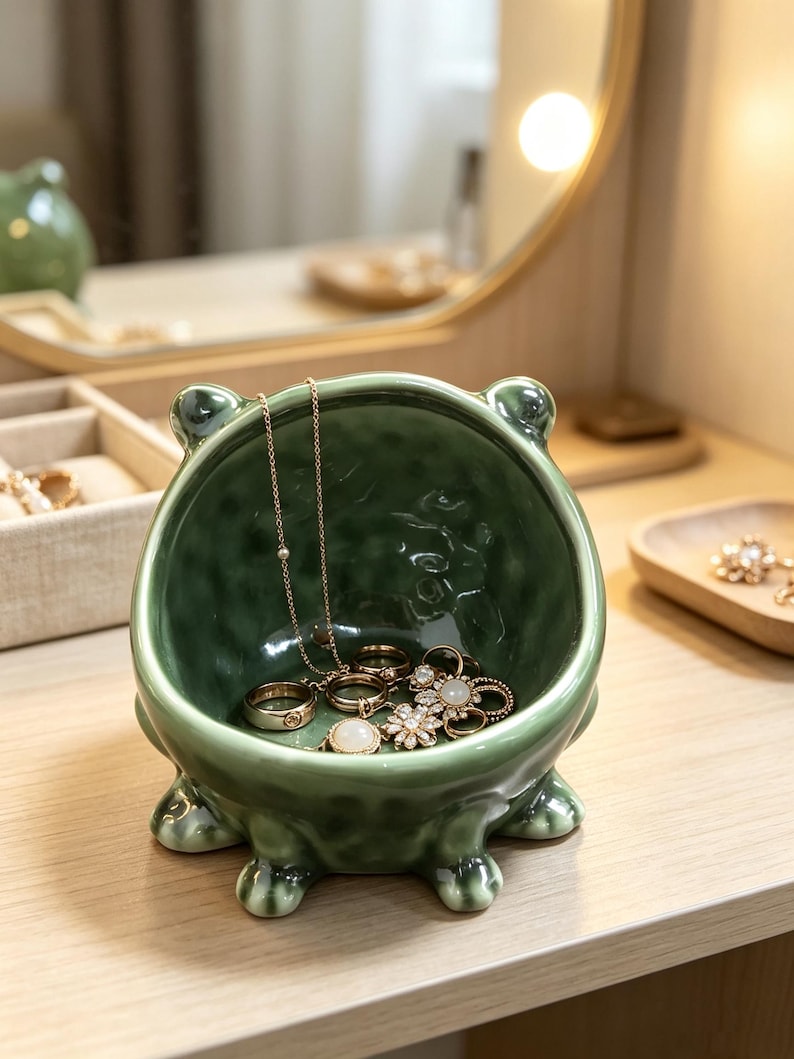 K&ouml;nnte beinhalten: Eine salbeigr&uuml;ne Keramikschale in Froschform mit strukturierter Oberfl&auml;che, vier kleinen F&uuml;&szlig;en und zwei abgerundeten Ohren. Die Schale enth&auml;lt eine goldfarbene Halskette und mehrere Ringe mit wei&szlig;en Steinen und blumenartigen Metalldesigns.