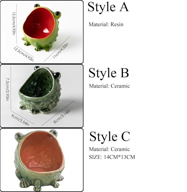 K&ouml;nnte beinhalten: Drei froschf&ouml;rmige Beh&auml;lter. Stil A aus Harz, 12,5cm/4,92in mal 11cm/4,33in, gr&uuml;ne Au&szlig;enseite, rote Innenseite. Stil B aus Keramik, 7,5cm/2,95in mal 9cm/3,54in mal 8cm/3,14in, gr&uuml;n. Stil C aus Keramik, 14cm mal 13cm, gr&uuml;n und orange.