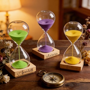 Personligt timglas, graverat timglas 5 15 30 60 minuter, timer med vattendroppedesign, inflyttningspresent till bröllopsdag
