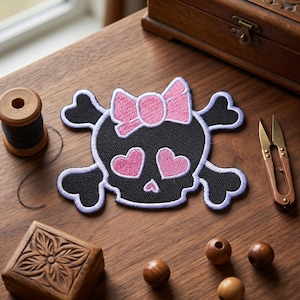 May include: An embroidered patch featuring a black skull with heart-shaped pink eyes, a small pink heart-shaped nose, and a pink bow on top. The skull is set against a pair of crossed bones, all outlined in a light purple thread border.