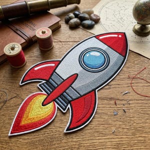 May include: Embroidered patch of a cartoon rocket ship with red, silver, and blue details. The rocket has a flame of yellow, orange, and red. The patch is on a wooden surface with other objects, including a globe and a journal.