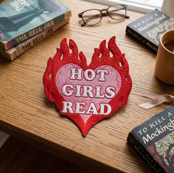 Hot Girls Read Book Lover Iron-On Patch - Flaming Heart Embroidered Badge for Library Lovers - Aesthetic Bookish DIY Gift