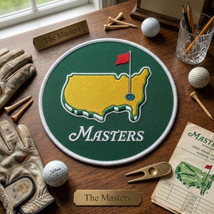 May include: A green and yellow Masters golf course emblem with a red flag, white trim, and the word "Masters" in white script. The image includes golf balls, tees, gloves, and a scorecard. Two brass nameplates read "The Masters".