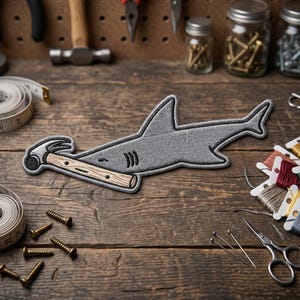 May include: A gray hammerhead shark patch with a hammer design. The patch is on a wooden surface with tools, screws, and spools of thread. The shark has a black outline and a hammer head.