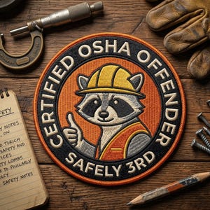 May include: Embroidered patch with a raccoon wearing a hard hat and safety vest, giving a thumbs-up. The patch reads "CERTIFIED OSHA OFFENDER SAFELY 3RD" in a circular design. The patch is on a wooden surface with tools.