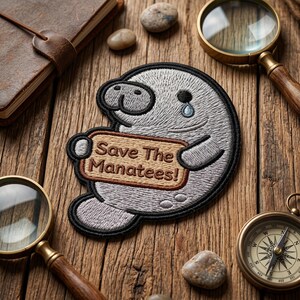 May include: Embroidered patch featuring a gray manatee holding a sign that reads "Save The Manatees!" The manatee has a tear and is outlined in black. The patch is on a wooden surface with a compass, magnifying glasses, and a leather-bound journal.