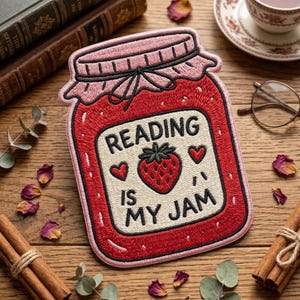 May include: Embroidered patch in the shape of a jam jar, with the text "READING IS MY JAM" and a strawberry illustration. The patch is red with pink accents and a black border. Perfect for book lovers.