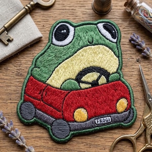 Frogi Cute Frog Driving Car Iron-On Patch - Kawaii Aesthetic Embroidered Badge for Kids & Backpacks - Unique Animal DIY Gift