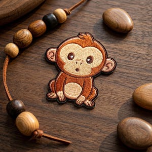 May include: Embroidered patch featuring a cartoon monkey with a surprised expression. The patch is primarily brown and tan, with detailed stitching. The image is set on a wooden surface, with wooden beads and decorative wooden stones.