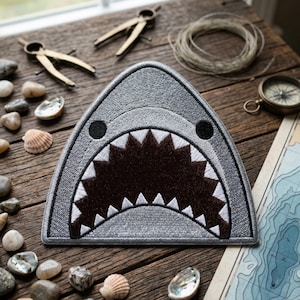 Great White Shark Attack Iron-On Patch - Triangle Shark Mouth Embroidered Badge for Jackets & Bags - Cool Marine Art Decor