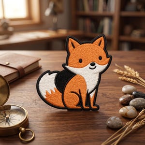 May include: Embroidered patch featuring a cartoon fox in orange, white, and black. The fox is sitting with its tail curled. The patch has a black border and is on a wooden surface. A compass and a leather-bound book are in the background.