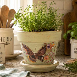 May include: A light green terracotta plant pot with a matching saucer, featuring a detailed butterfly and floral decal on the front. The pot contains a small green herb plant with thin stems and leaves, sitting on a speckled countertop surface.
