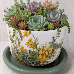 Floral/ Butterfly/ Bird Ceramic Tea Cup Planter with Drip Saucer/ Farmhouse Decor/ House Warming Gift