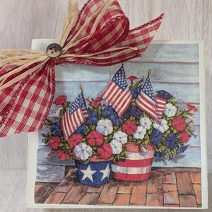 Americana Wood Block Shelf Sitter/   Red White and Blue/ Flags and Flowers/ Farmhouse