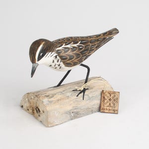May include: A hand-carved wooden bird sculpture with brown, white, and black details. The bird stands on a piece of driftwood, with a small wooden tag that reads "Archipelago". The bird's wings have a detailed feather pattern.