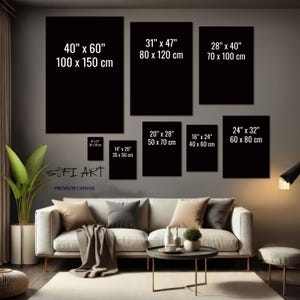 K&ouml;nnte beinhalten: Eine Pr&auml;sentation von schwarzen Leinwandkunstdrucken in verschiedenen Gr&ouml;&szlig;en, darunter 100 x 150 cm, 80 x 120 cm und 70 x 100 cm. Die Drucke sind &uuml;ber einem Sofa in einem Wohnzimmer arrangiert. Der Text "SOFI ART PREMIUM CANVAS" ist ebenfalls sichtbar.