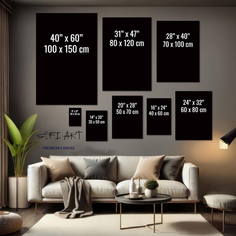 K&ouml;nnte beinhalten: Eine Pr&auml;sentation von schwarzen Leinwandkunstdrucken in verschiedenen Gr&ouml;&szlig;en, darunter 100 x 150 cm, 80 x 120 cm und 70 x 100 cm. Die Drucke sind &uuml;ber einem Sofa in einem Wohnzimmer arrangiert. Der Text "SOFI ART PREMIUM CANVAS" ist ebenfalls sichtbar.
