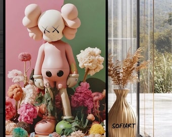 Kaws Figure with Flowers Peonies Painting, Hypebeast Canvas Wall Art, Home Office Decor