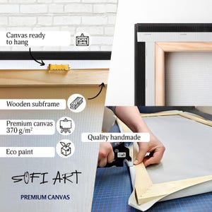K&ouml;nnte beinhalten: Ein Leinwanddruck mit Holzrahmen, fertig zum Aufh&auml;ngen. Die Leinwand ist als Premium mit einem Gewicht von 370 g/m&sup2; gekennzeichnet und verwendet umweltfreundliche Farbe. Der Text "SOFI ART PREMIUM CANVAS" ist sichtbar. Das Bild zeigt auch das Spannen der Leinwand von Hand.