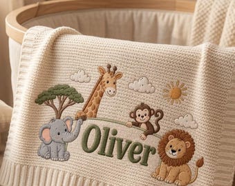 Personalized Embroidered Woodland Baby Blanket, Custom Safari Animal Name Knit Blanket, Jungle Baby Shower Gift, Nursery Keepsake Gift
