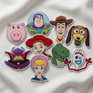 May include: A collection of embroidered patches featuring characters from the animated film Toy Story. The patches include Buzz Lightyear, Woody, Jessie, Rex, Slinky Dog, Hamm, Bo Peep, Zurg, and Forky. Each patch has detailed stitching and vibrant colors.
