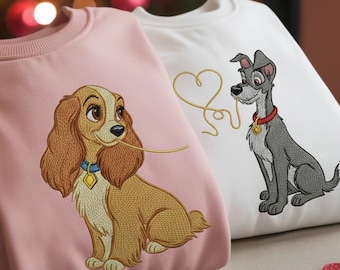 Maglietta ricamata con spaghetti di Lilli e il Vagabondo, maglietta coordinata per San Valentino con coppia Disney, outfit coordinati per il viaggio con coppia a Disneyland