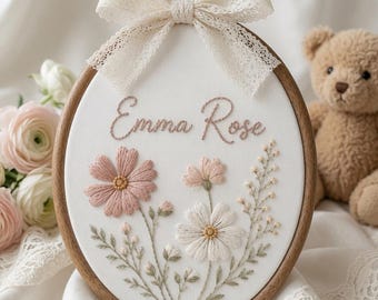 Personalized Floral Baby Name Embroidered Sign, Custom Baby Nursery Name Hoop, Floral Baby Shower Wall Art, Newborn Name Announcement Gift
