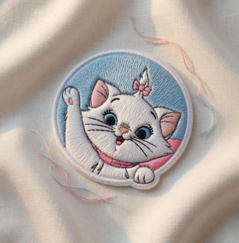 May include: Embroidered patch featuring a white cat with blue eyes, pink ears, and a pink bow. The cat is set against a light blue background within a circular frame. The patch is detailed with black whiskers and a pink scarf.