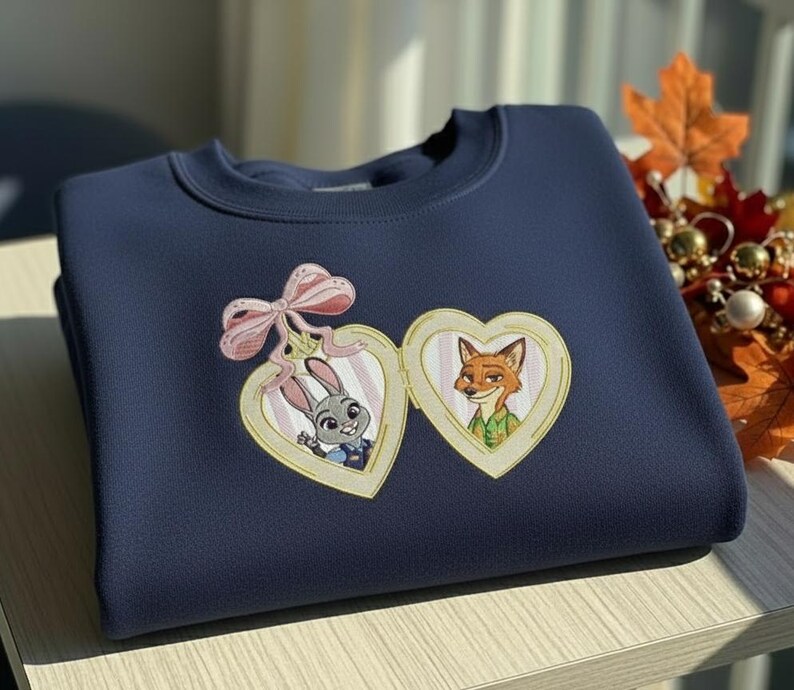 Pu&ograve; includere: Felpa blu navy con un design ricamato di due medaglioni a forma di cuore. Un medaglione mostra un coniglio, l'altro una volpe. Un fiocco rosa &egrave; sopra i medaglioni. La felpa &egrave; su una superficie chiara.